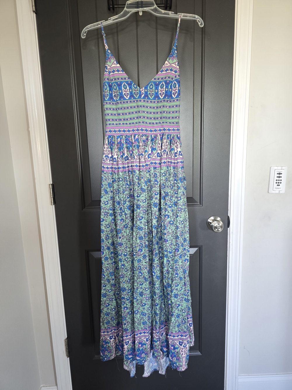 Boho Blue Floral Print Maxi Dress with Spaghetti Straps